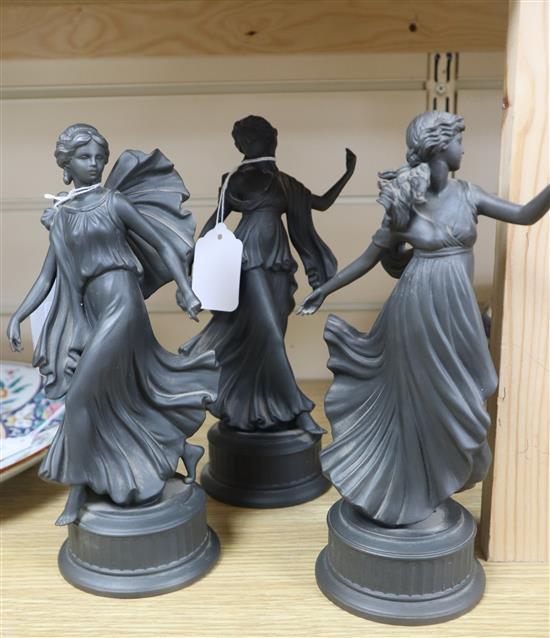 A set of three Wedgwood Signature Collection limited edition black porcelain figures of classically-draped dancers, tallest 24cm